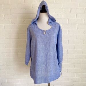 J. Jill Light Blue Blouse Striped Hooded Linen Cotton Top Medium Petite Spring